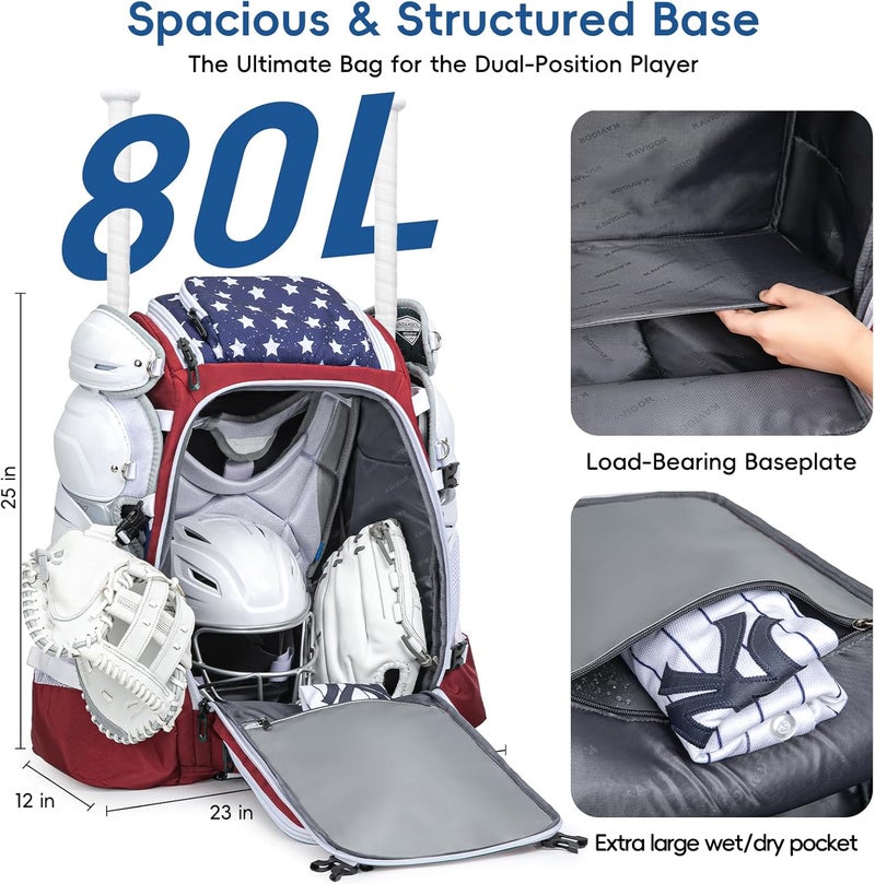 KAVIGOR Catchers Gear Bag, 80L Baseball/Softball Backpack Holds 2 Sets of Gear with Shoe Compartment, Helmet Holder & Cooler Pocket - Image 3